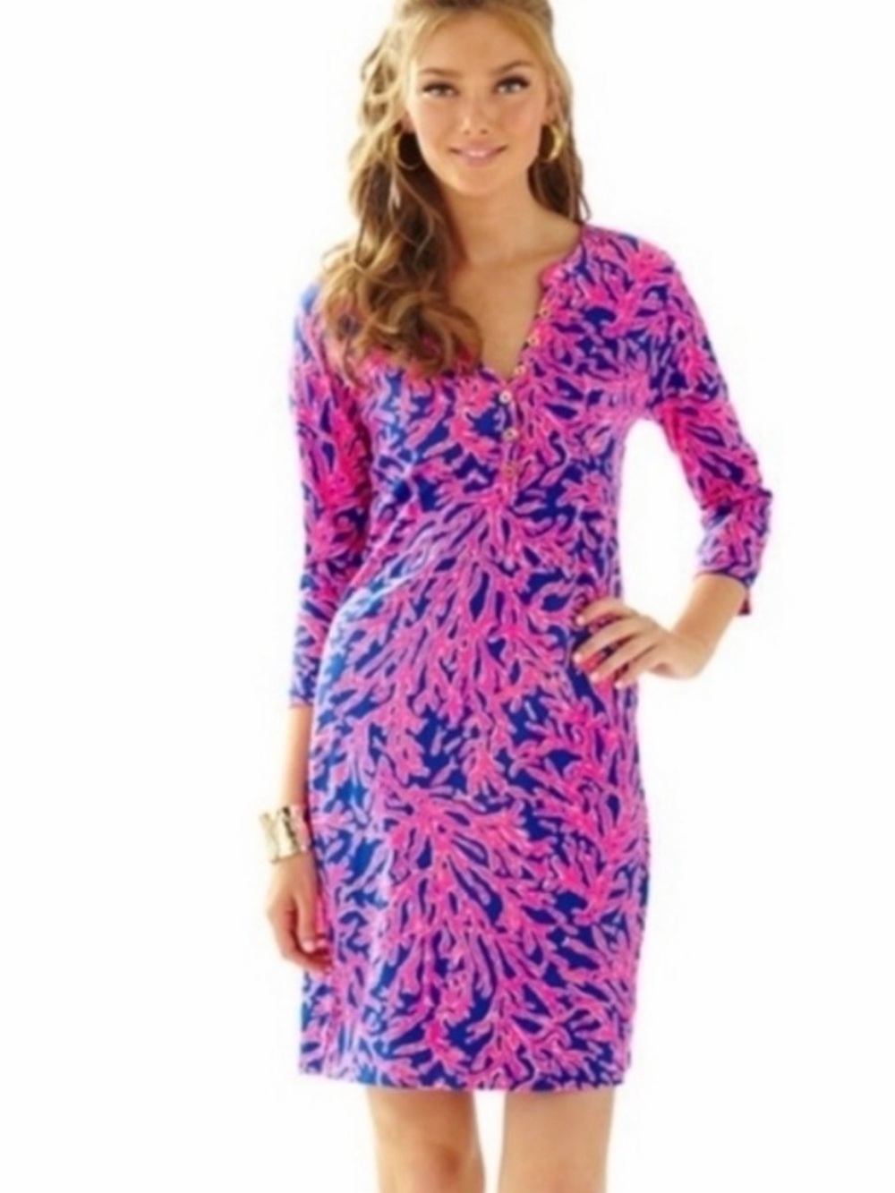 Lilly Pulitzer Alessia Pink & Blue Coral Motif Cotton Tee-Shirt Dress